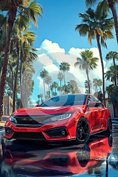 Red Sedan Front View: Digital Painting on Blue photo
