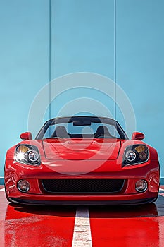 Red Sedan Front View: Digital Painting on Blue photo