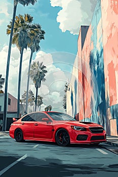 Red Sedan Front View: Digital Painting on Blue photo