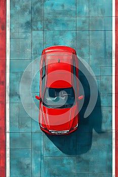 Red Sedan Front View: Digital Painting on Blue photo