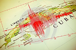 Red seismic wave over Cuba map