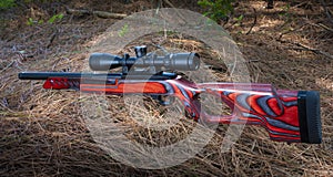 Red semi-auto rimfire rifle with optic on the ground photo