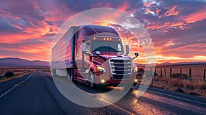 A red semi truck cruises down a road at sunset, casting a vibrant glow against the sky, as the sun dips below the