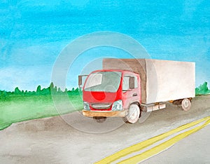 The red semi-truck driving on an asphalt gray road with two continuous lanes. in watercolor style. Background landscape of field