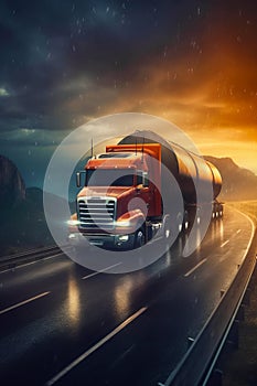 Red semi truck driving down rain soaked highway in the middle of the night. Generative AI