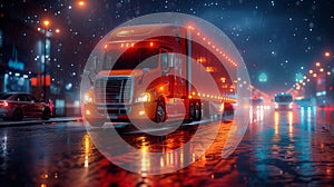 a red semi truck is driving down a wet city street at night