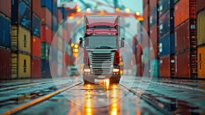 A red semi truck is driving down a wet road in front of a large container yard