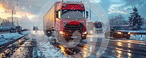 Red semi truck driving through snowy highway