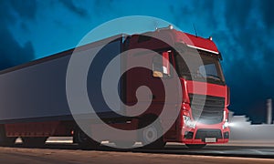 Red Semi Truck With Empty Space On White Refrigerator Driving Along the Route At Twilight. 3d rendering