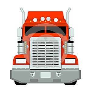 Red semi truck, front view, vector illustration, flat