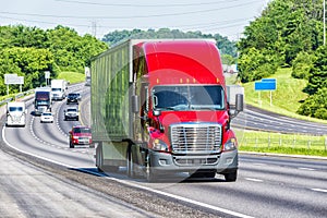 Red Semi Truck on Interstate Highway