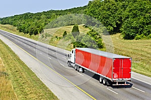 Red Semi Truck On Interstate Highway