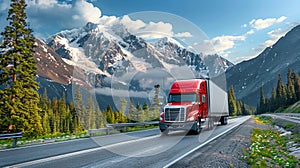 Red semi truck mountain road USA or Canada, beauty power vehicle majestic backdrop. Transportation