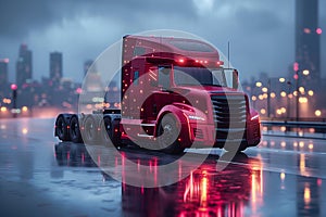 A red semi truck navigates along a wet road, splashing water as it moves forward under cloudy skies