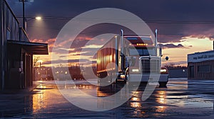 A red semi-truck parked at a warehouse under a vibrant twilight sky with reflective pavement photo