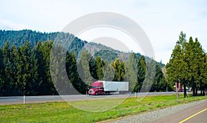 Red semi truck trailer nice rig cargo on green natural road