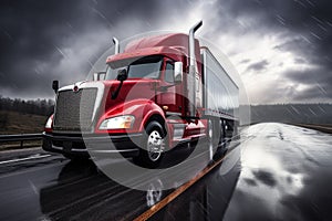 Red Semi Truck on Wet Road Driving, Rainy Day Transportation, Red big rig commercial semi truck transporting cargo in dry van semi