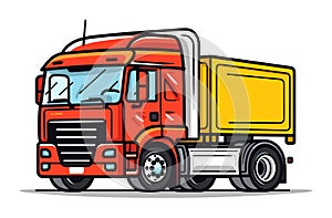 Red semi truck with yellow cargo container on white background. Modern heavy vehicle for freight transport. Logistics