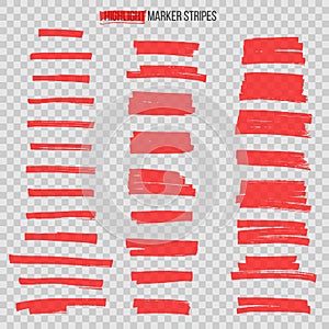 Red semitransparent highlight marker stripes isolated on transparent background. Vector design elements.