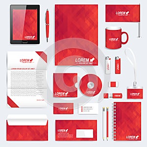 Red set of vector corporate identity template. Modern business stationery mock-up. Background with red triangles