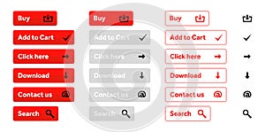 Red set of web buttons with icons