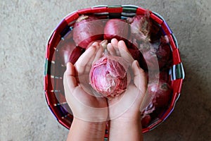 Red shallot on the hand And a basket filled with shallots