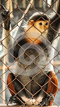 Sad red-shanked douc, five colors endanger monkey in cage photo