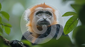Red-shanked Douc Langur resting high in the canopy photo