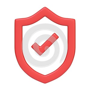 Red shield with a bold check mark, symbolizing safety, security, and confirmed verification isolated on white background