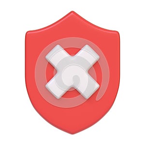 Red shield with a cross, representing a concept of error, denial, or health care symbol isolated on white background