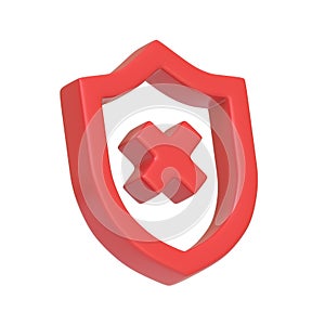 Red shield with a cross, representing a concept of error, denial, or health care symbol isolated on white background