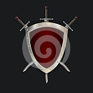 Red shield with swords on black background.