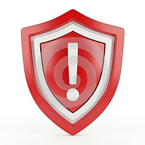 Red Shield Symbol with Exclamation Mark and White Border on White Background security