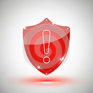 Red Shield with White Exclamation Mark Symbol on White Background warning