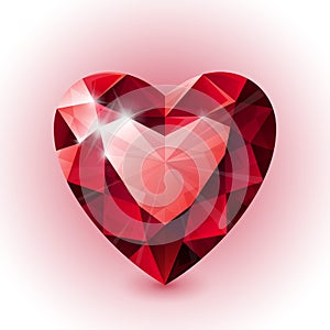 Red shining ruby heart shape on white background