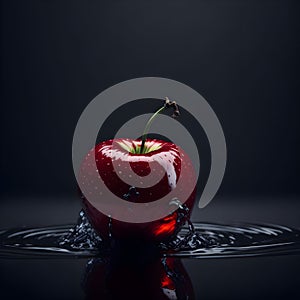 Red shiny apple on a water spread table ai generated.