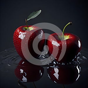 Red shiny apple on a water spread table ai generated.