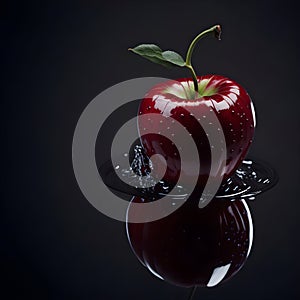 Red shiny apple on a water spread table ai generated.