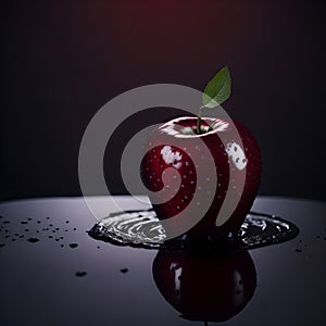 Red shiny apple on a water spread table ai generated.