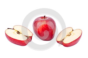 Red shiny apples whole apple and cut in halves on white background