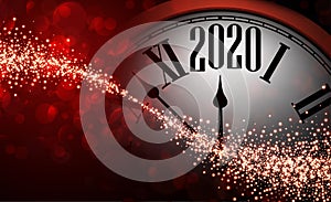 Red shiny bokeh 2020 New Year background with clock