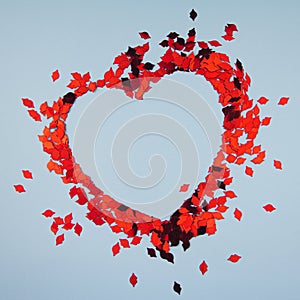 Red shiny confetti heart shape frame on blue background