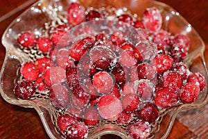 Red shiny cranberries covered with sugar