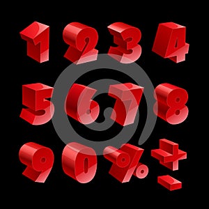 Red shiny 3d thick numbers isolated font on black