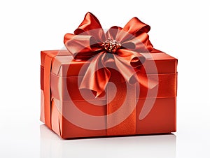 red shiny Gift box with red ribbon isolated on white background seen frontally and red