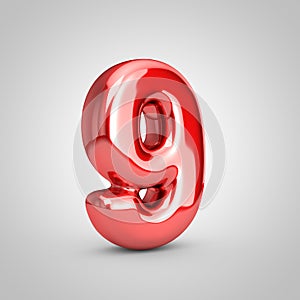 Red shiny metallic balloon number 9 isolated on white background