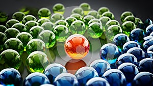 Red shiny sphere standing out among green and blue spheres. 3D illustration
