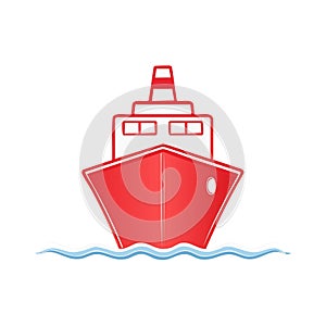 Red ship on ocean waves, vector illustration, stylized front view