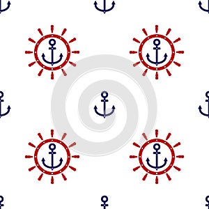 Red Ship steering wheel and blue anchor icon isolated seamless pattern on white background. Vector