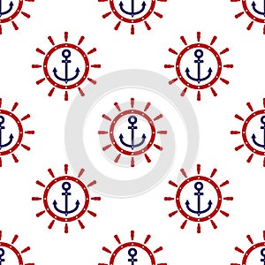 Red Ship steering wheel and blue anchor icon isolated seamless pattern on white background. Vector